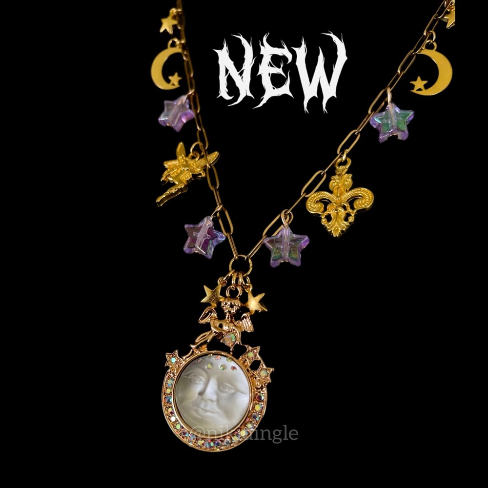 Whimsical Handmade charm Necklace Choker Moon Face Stars Fairy Fantasy Gold Goth